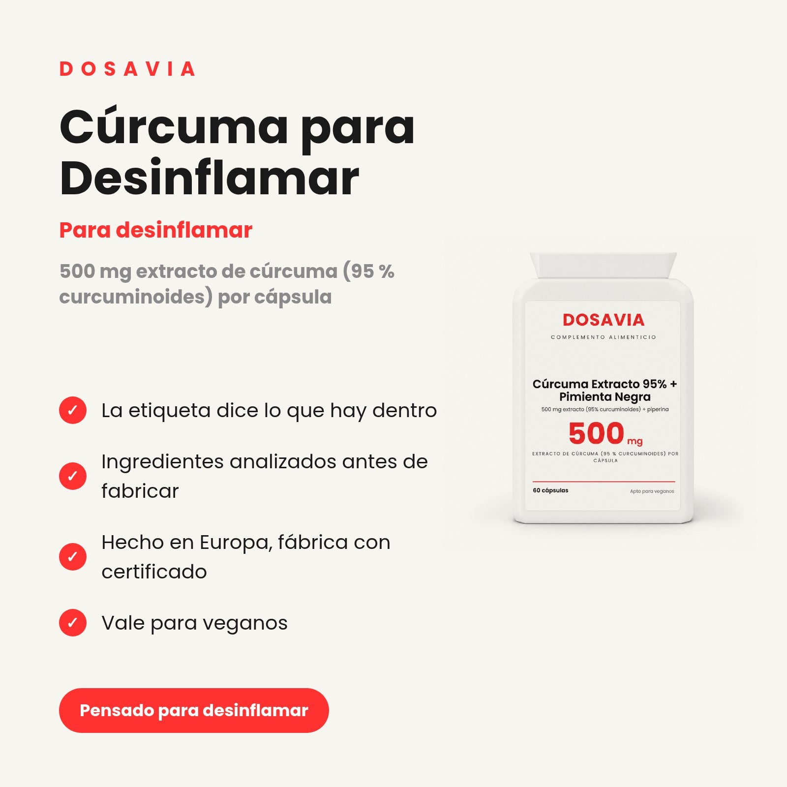 Cúrcuma para Desinflamar | Extracto 95% + Pimienta Negra